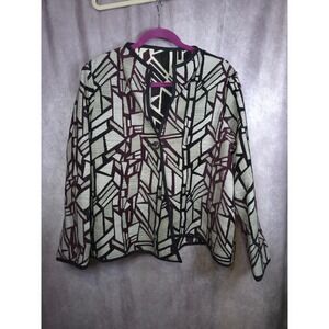 Women's Geometric Print Blazer Jacket Burgundy Black Cream Open Front